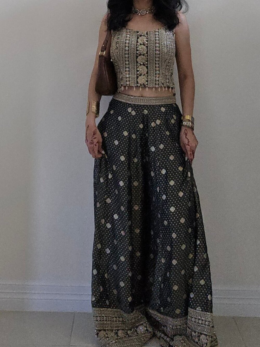 3 Piece Beaded Sleeveless Top & Palazzo Pant Set Indian S Small Gold Navy Blue